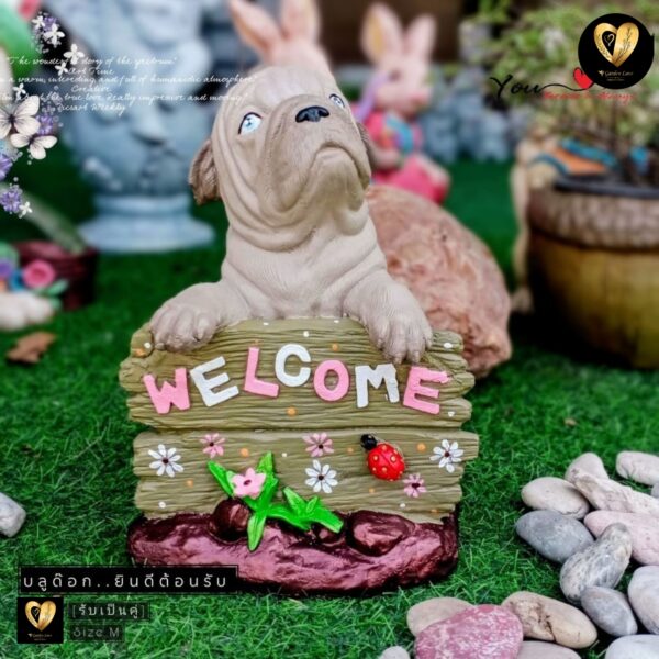 น้องหมาถือป้าย welcome ตุ๊กตาปูนปั้นสีสันสดใสน่ารักสำหรับตกแต่งบ้านและสวน - Image 5